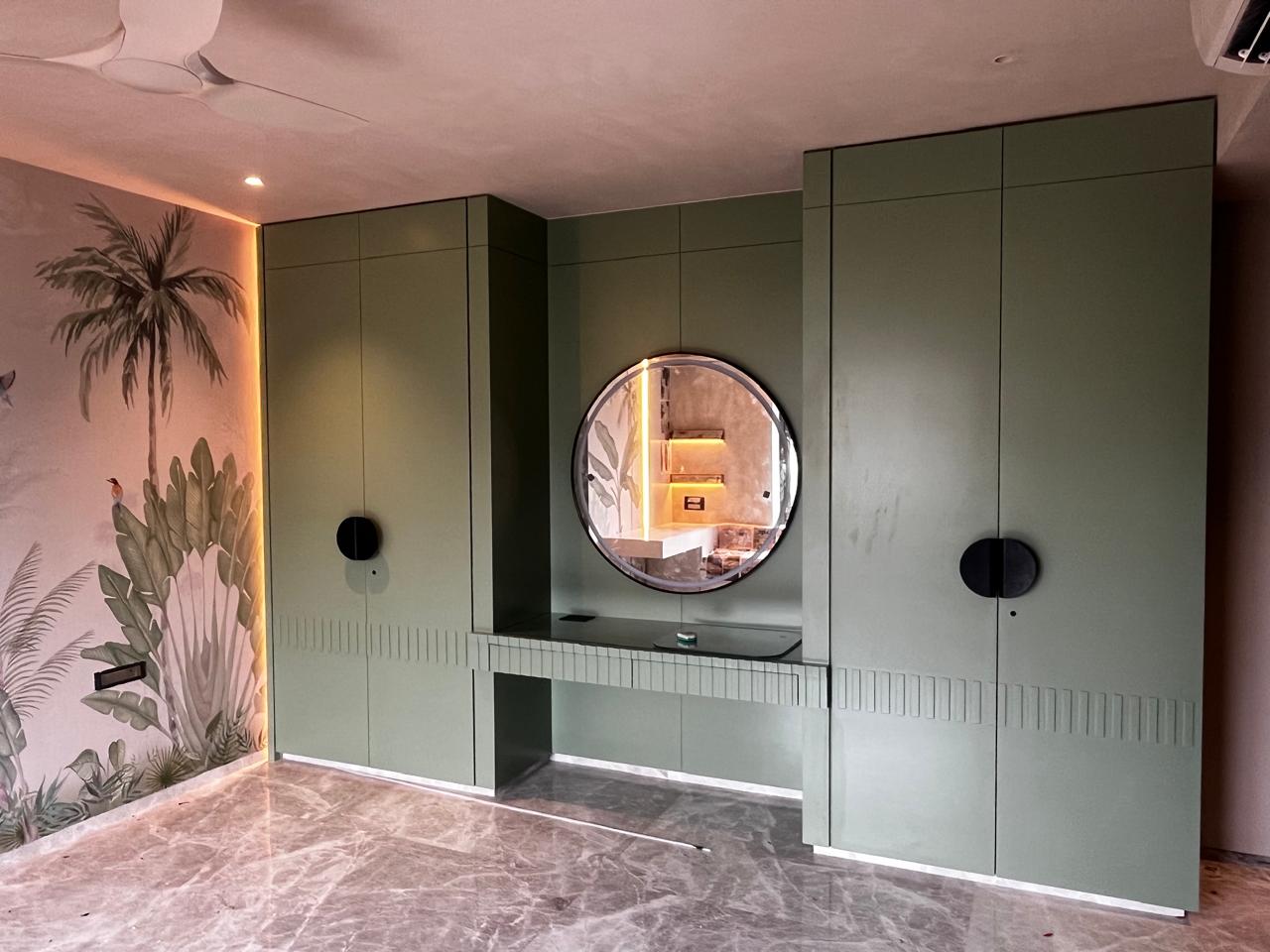 Dressing area with round mirror